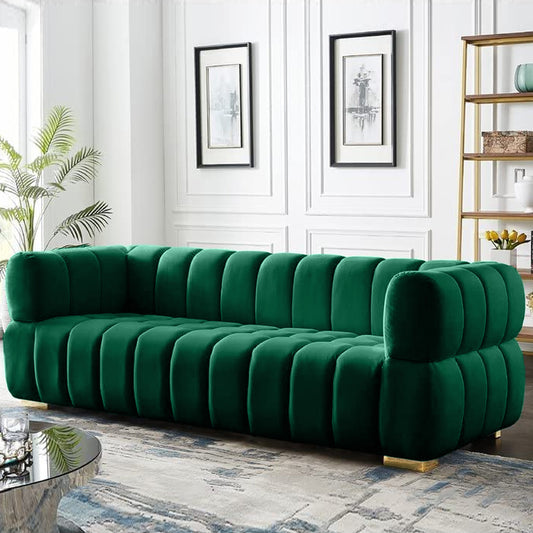 Gwen 3 Seater Sofa - Luxurious Emerald Green Velvet Upholstery - Spacious L231cm x W89cm x H75cm - Cotton Home