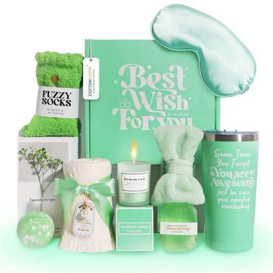 Bath Gift Box Set – Luxe Green Spa Care Package with 10 Relaxing Self-Care Items for Women, Mom, Wife, Sister, Friends
