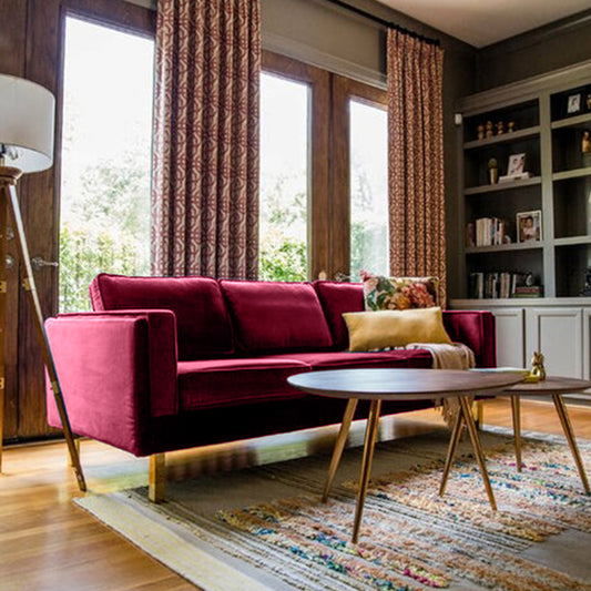 Nebula Maroon Velvet 3-Seater Sofa with Square Arms - Luxury Living Room Seating, L220cm x W86cm x H81cm - Cotton Home