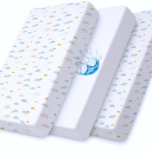 Premium Cotton 3-Piece Baby Crib Bedding Set (120x60 cm) Fitted Baby Mattress Sheets and Protector Pastel Clouds