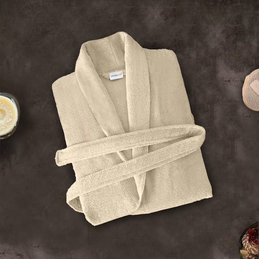 Premium Cotton Cream Terry Bathrobe with Pockets Suitable for Men and Women, Soft & Warm Terry Home Bathrobe, Sleepwear Loungewear, One Size Fits All - Cotton Home