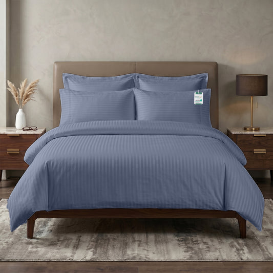 Egyptian Cotton 6 Piece Stripe Duvet Cover Set 220x240cm Blue Grey