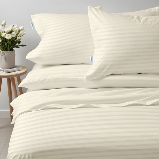Premium High Quality Cotton 250TC Queen Stripe 6 Piece Duvet Cover Set 220x240cm Ivory - Cotton Home
