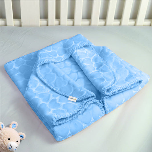 Baby Breathable Swaddle Blanket – Ultra Soft, Lightweight & Cozy Plush with Embossed Hearts, 90x80cm Blue