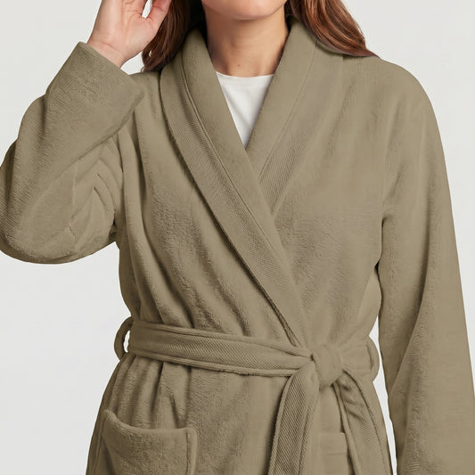 Plush Cotton Adult Bathrobe 100% Cotton Thick & Absorbent - Khaki