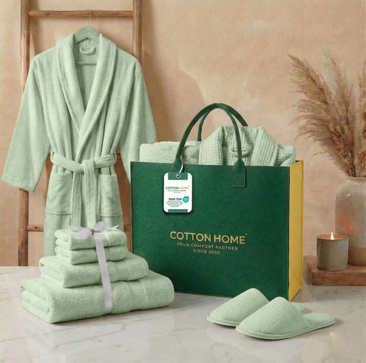 Luxury 7PC Egyptian Cotton Bath Bundle Set Mint Green – Bathrobe, Towels, Slippers