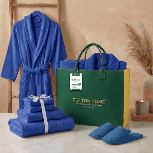 Luxury 7PC Egyptian Cotton Bath Bundle Set Royal Blue – Bathrobe, Towels, Slippers