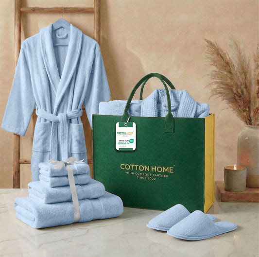 Luxury 7PC Egyptian Cotton Bath Bundle Set Sky Blue – Bathrobe, Towels, Slippers