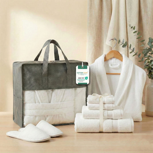 Luxury 7PC Egyptian Cotton Bath Bundle Set White – Bathrobe, Towels, Slippers