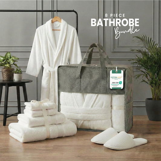 Luxury 7PC Egyptian Cotton Bath Bundle Set White – Bathrobe, Towels, Slippers