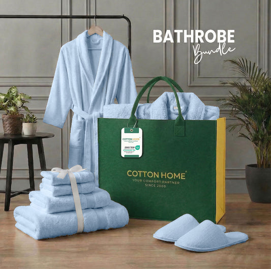Luxury 7PC Egyptian Cotton Bath Bundle Set Sky Blue – Bathrobe, Towels, Slippers