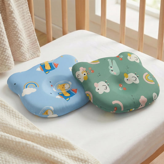 Memory Foam Baby Pillow Pack of 2 Soft Cotton Removable Cover 25x20 cm Blue Green