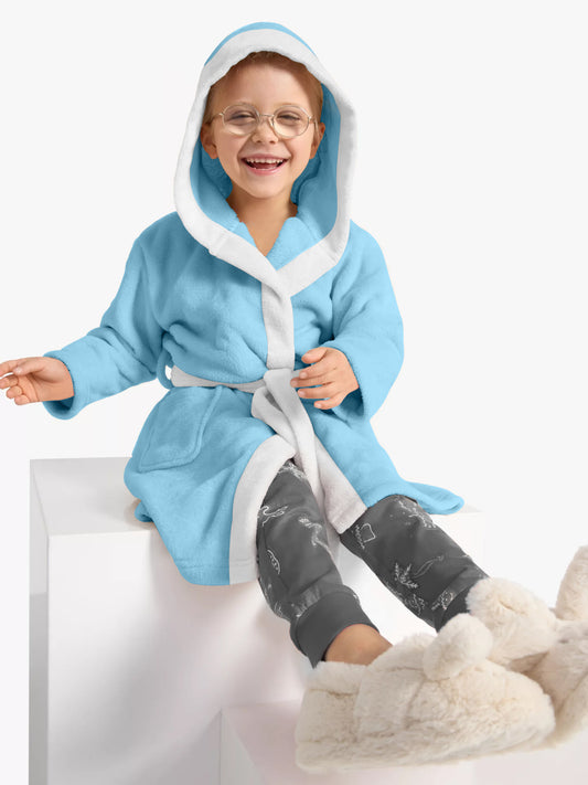 Panda Embroidered Kids Bathrobe with Hood and Tie Up Belt - Aqua - Cotton Home