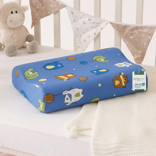 Snoozie Kids Contour Memory Foam Pillow 26x38 cm, Ergonomic Pillow for Children, Removable Cover Blue Bear
