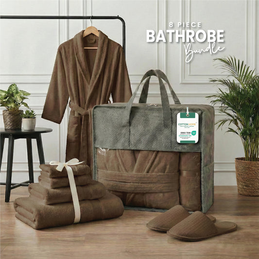 Luxury 7PC Egyptian Cotton Bath Bundle Set Brown – Bathrobe, Towels, Slippers