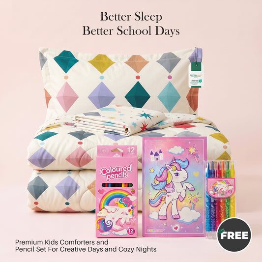 Back to School Essentials 3PC Premium Cotton Kids Bedding & Free Pencil Set Unicorn Gems