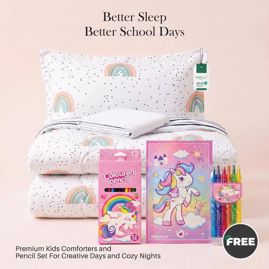 Back to School Essentials 3PC Premium Cotton Kids Bedding & Free Pencil Set Twinkle Unicorn