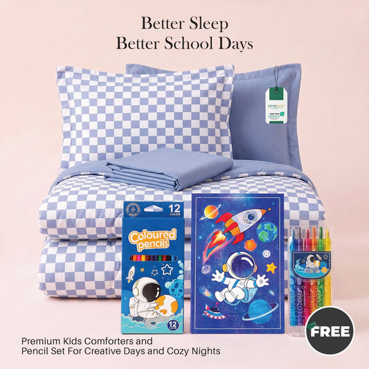 Back to School Essentials 4PC Premium Cotton Kids Bedding & Free Pencil Set Blue Block