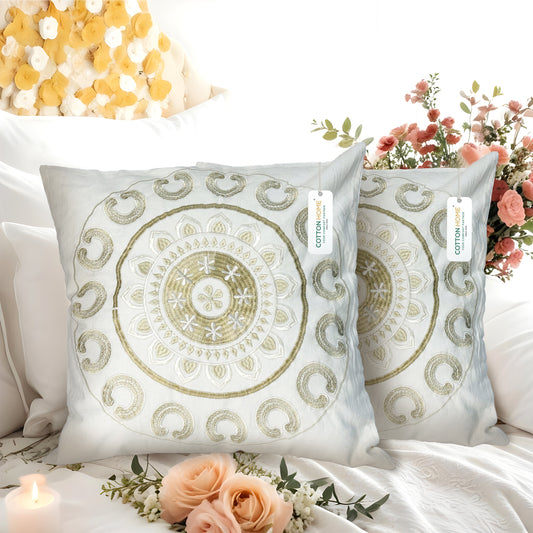 Embroidered Cushion - 100% Cotton Canvas, 45x45cm | Ivory Floral Pattern | Cotton Home - Cotton Home
