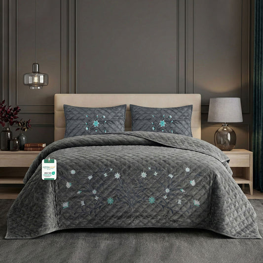 Velvet Quilt Set 3-Piece Diamond Quilted Bedspread Set 220Ă240cm with two pillow case Dark Gray