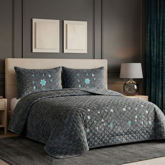 Velvet Quilt Set 3-Piece Diamond Quilted Bedspread Set 220Ă240cm with two pillow case Dark Gray