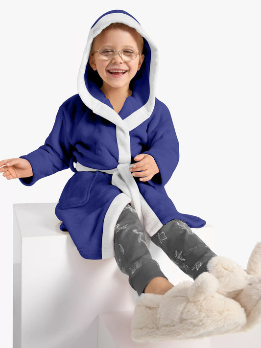 Premium Unisex Blue Bathrobe for Kids Ages 4-14 years with Hood and Tie Up Belt High quality Absorbent - Cotton Home