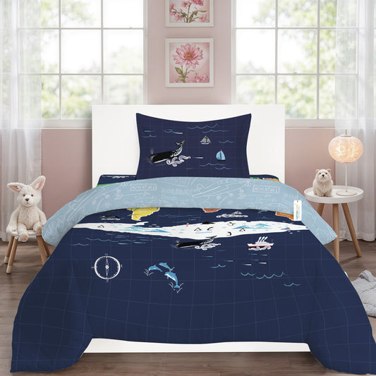 3PC Kids Duvet Cover Set – 135x220 Animal Atlas Design 100% Premium Cotton