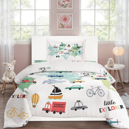 3PC Kids Duvet Cover Set – 135x220 Tiny Travelers Design 100% Premium Cotton