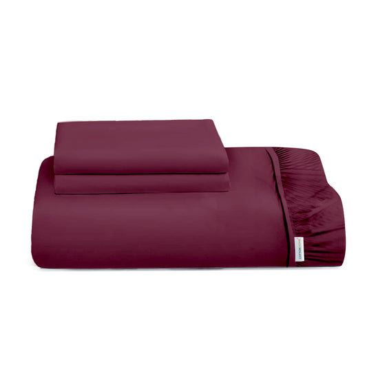 3 Piece Fitted Sheet Set Super Soft Burgundy Single Size 120x200+25cm with 2 Pillow Case - Cotton Home