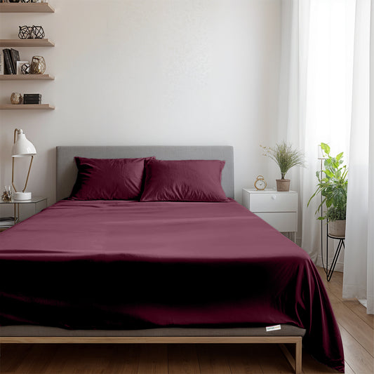 3 Piece Flat Sheet Set Supersoft Microfiber Burgundy Single Size 160x220 with 2 Pillow Case