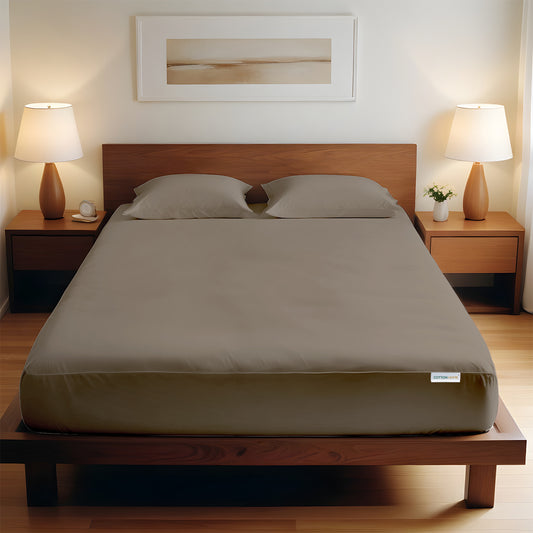 3 Piece Fitted Sheet Set Super Soft Khaki King Size 180x200+30cm with 2 Pillow Case - Cotton Home