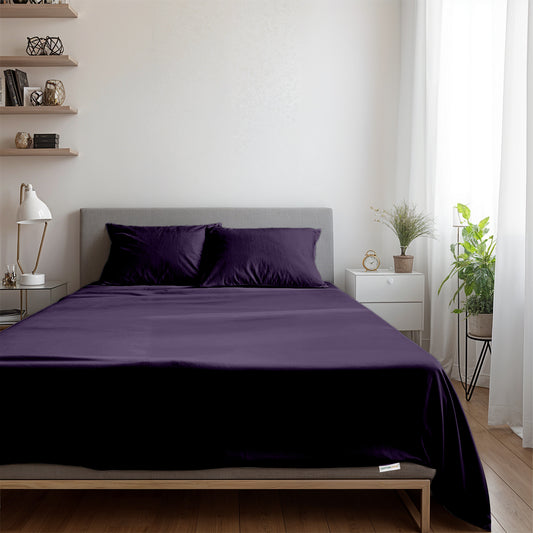 3 Piece Flat Sheet Set Supersoft Microfiber Dark Purple Queen Size 200x220 with 2 Pillow Case