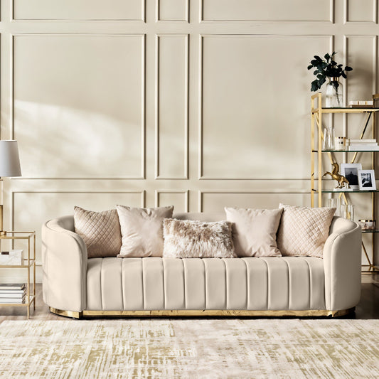 Fiona 3 Seater Velvet Sofa -Ivory - L247cm x W94cm x H81cm - Cotton Home