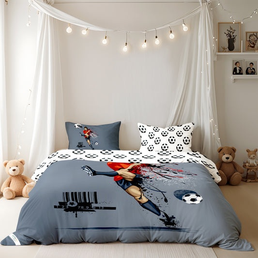 Kids Duvet Cover Set - 4 Pc - Foot Ball Player Print 160x220cm | Cotton Home - Cotton Home