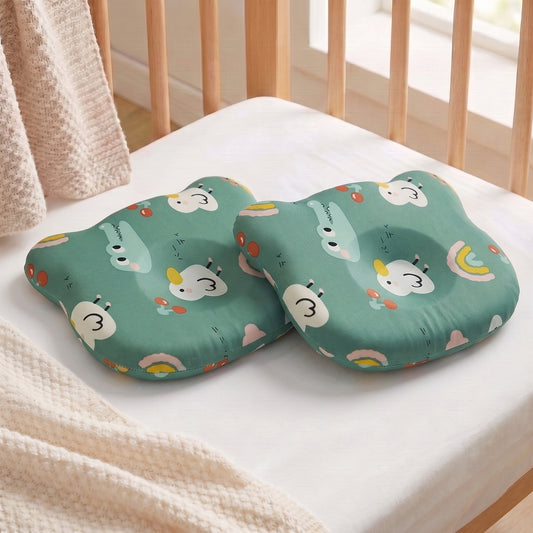 Memory Foam Baby Pillow Pack of 2 Soft Cotton Removable Cover 25x20 cm Green