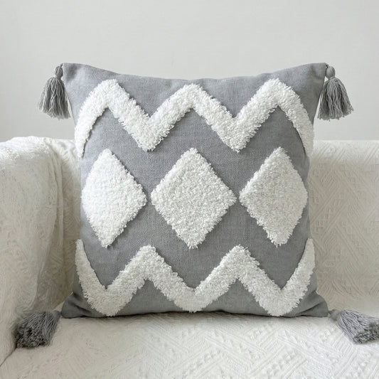 Boho Handcrafted Throw Pillow 45x45cm Filled Cushion with Grey Wave Design Pack of 2