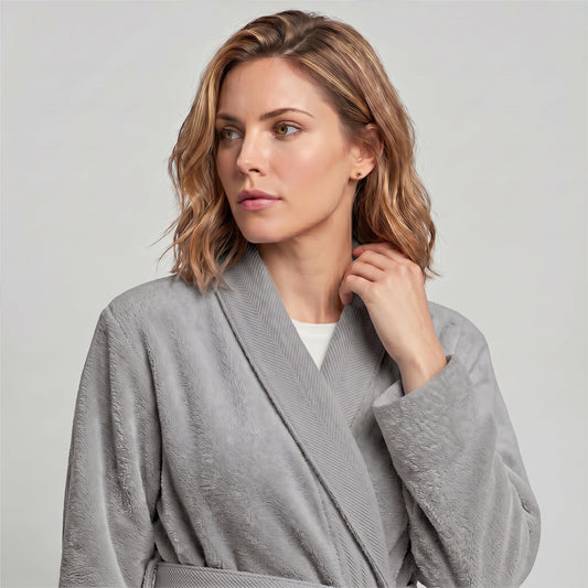 Plush Cotton Adult Bathrobe 100% Cotton Thick & Absorbent - Light Grey