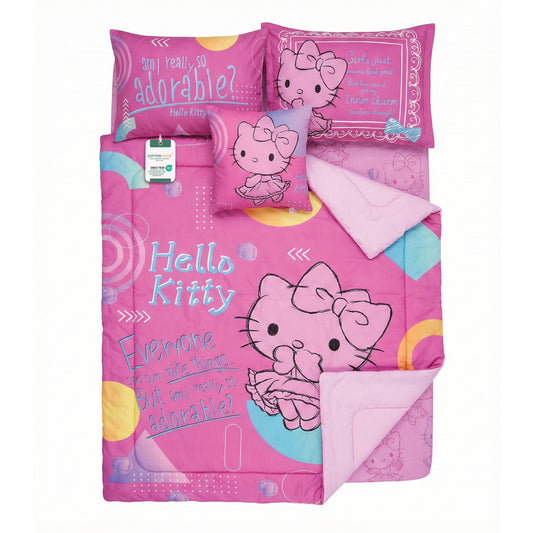 Hello Kitty Official Kids Bedding Set – 5 Piece Comforter Set Cozy & Colorful Cartoon Character with Matching Pillowcases & Bedsheet