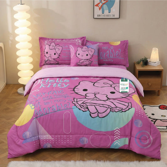 Hello Kitty Official Kids Bedding Set – 5 Piece Comforter Set Cozy & Colorful Cartoon Character with Matching Pillowcases & Bedsheet