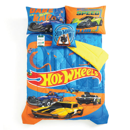Hot Wheels Official Kids Bedding Set – 5 Piece Comforter Set Cozy & Colorful Cartoon Character with Matching Pillowcases & Bedsheet