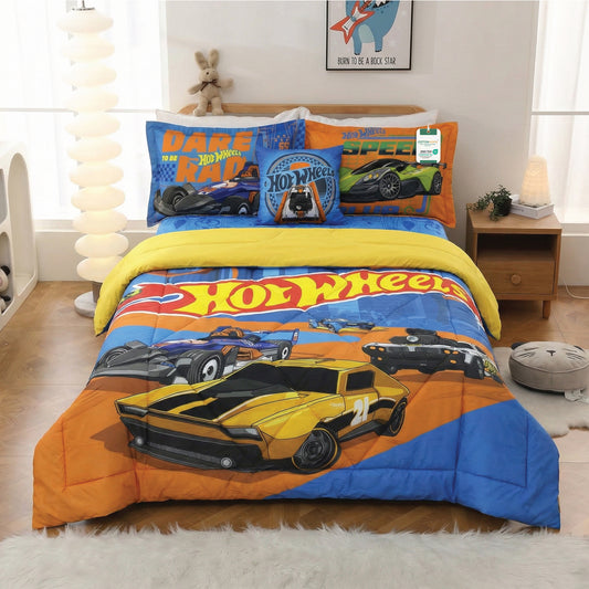 Hot Wheels Official Kids Bedding Set – 5 Piece Comforter Set Cozy & Colorful Cartoon Character with Matching Pillowcases & Bedsheet