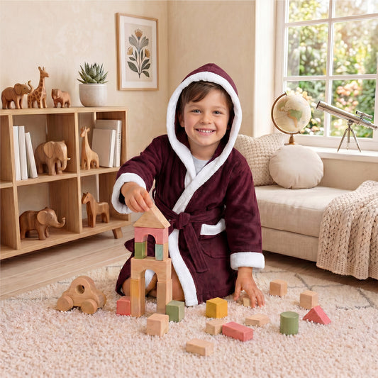 Puddle Kids Cotton Bathrobe with Hood, Tie Belt & Pockets - Burgundy