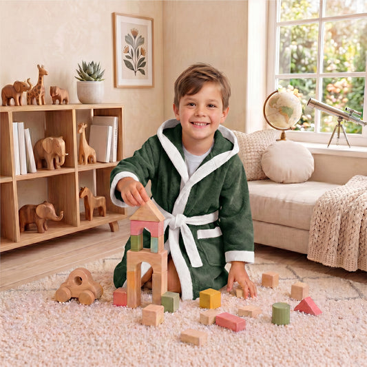 Puddle Kids Cotton Bathrobe with Hood, Tie Belt & Pockets - Dark Green