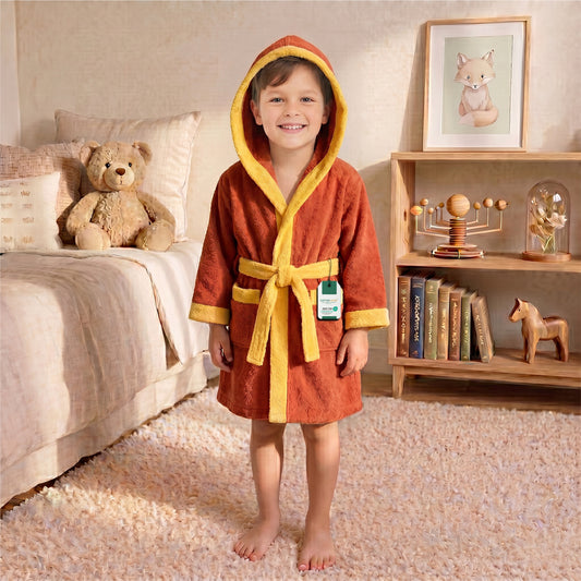 Puddle Kids Cotton Bathrobe with Hood, Tie Belt & Pockets - Orange Yellow