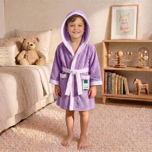 Puddle Kids Cotton Bathrobe with Hood, Tie Belt & Pockets - Light Purple