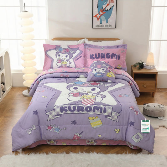 Kuromi Official Kids Bedding Set – 5 Piece Comforter Set Cozy & Colorful Cartoon Character with Matching Pillowcases & Bedsheet