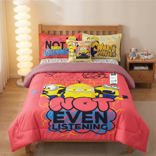 Minion Official Kids Bedding Set – 5 Piece Comforter Set Cozy & Colorful Cartoon Character with Matching Pillowcases & Bedsheet