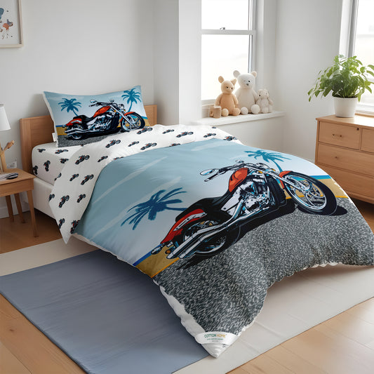 Kids Duvet Cover Set 3 Pcs - Motorcycle Print | 135x220cm | Microfiber | Cotton Home - Cotton Home