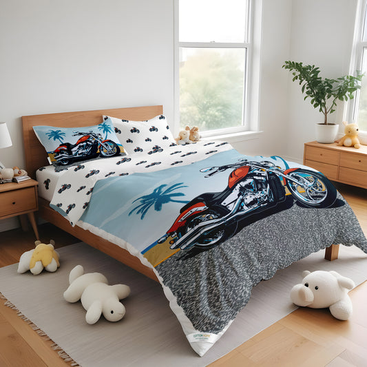 Kids Duvet Cover Set - 4 Pc - Motorcycle Print 160x220cm | Cotton Home - Cotton Home