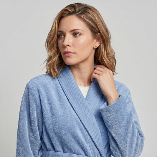 Plush Cotton Adult Bathrobe 100% Cotton Thick & Absorbent - Sky Blue
